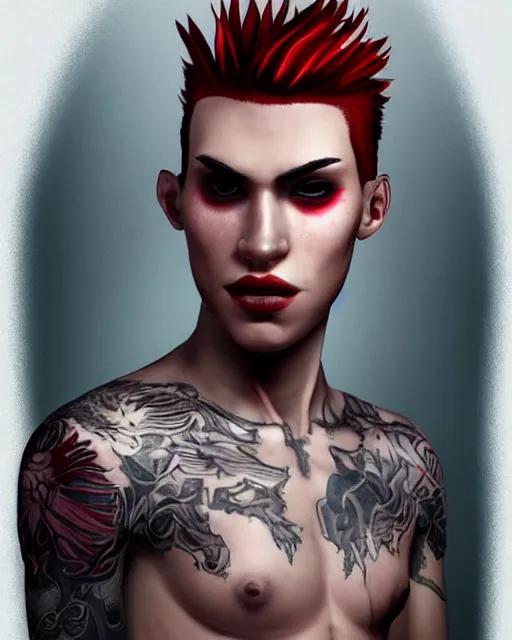 Prompt: young man with a short red mohawk, red irises and a slim face, piercings, dressed in crustpunk clothing, headshot, attractive, handsome, model, trending on artstation, high quality art, character design, realism art, award winning art, in color, no makeup, no tattoos