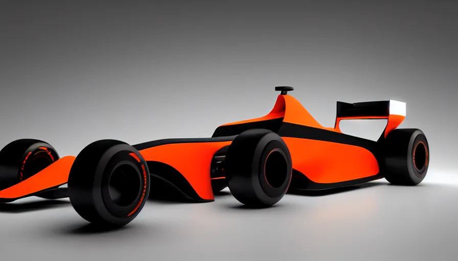 Image similar to futuristic F1 car designed by Apple, studio light, small orange accents, octane render