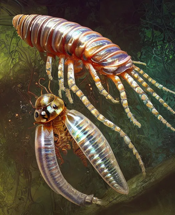 Image similar to opulent transparent clear see - through portrait of a terrifying beautiful male alien isopod, mottled coloring, adorable, childlike, overgrown biopunk jungle environment, ultra realistic, concept art, art nouveau, photorealistic, octane render, 8 k, unreal engine. art by christopher marley and artgerm and greg rutkowski and alphonse mucha