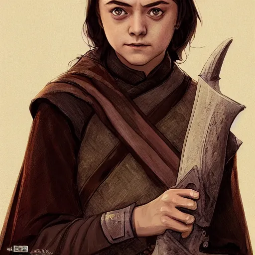 Image similar to arya stark, 1 6 years old, at borobudur, mucha, artstation