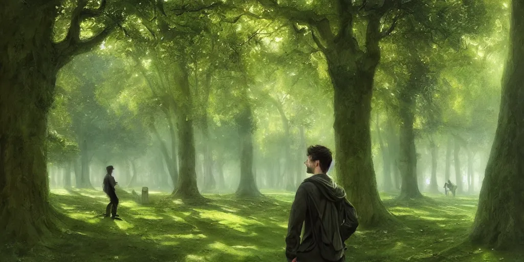 Image similar to portrait of exhibitionist man in green park, magical forest, highly detailed, digital painting, artstation, smooth, hard focus, illustration, art by artgerm and greg rutkowski, cinematic lighting, trending on artstation, hyperrealistic, focused, extreme details, fantasy art, concept art, sharp focus