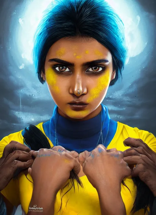 Image similar to An epic fantasy comic book style portrait painting of a very very beautiful young Indian woman, very expressive, dark piercing eyes, tomboy, mischievous, smirk, round face, very dark Nilotic tan skin, futuristic short black hair style, wearing a blue and yellow soccer uniform, arms crossed, unreal 5, DAZ, hyperrealistic, octane render, cosplay, RPG portrait, dynamic lighting