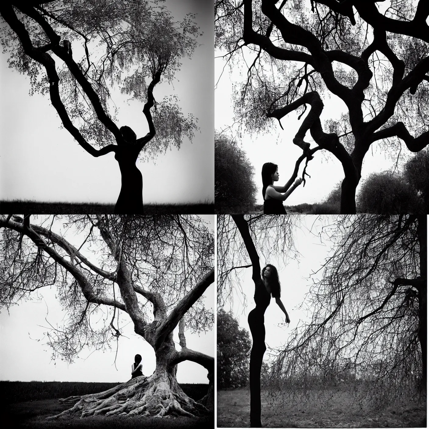 Prompt: fine art portrait photography of woman with branches of tree. black and white. ilford delta. leica mp