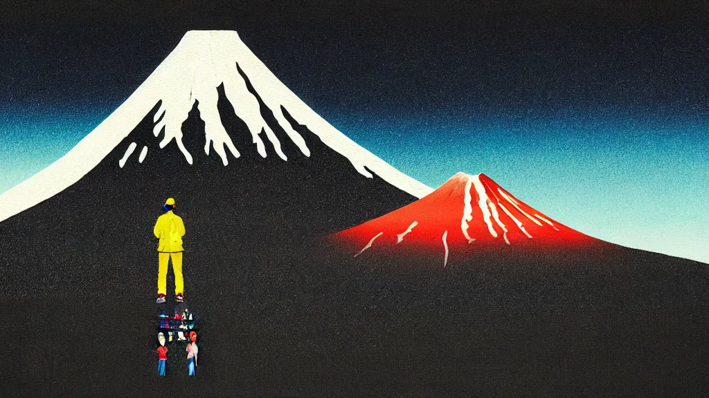 Image similar to climber at the base of mount fuji, japan, a collage painting, in the style of wes anderson, lola dupre, david hockney, isolated on negative white space background dark monochrome neon spraypaint accents volumetric octane render