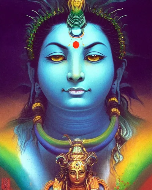 Prompt: One many-armed Shiva. Background in the colors of the rainbow. Drops of blood. High detail, hyperrealism, masterpiece, close-up, ceremonial portrait, solo, rich deep colors, realistic, art by Yoshitaka Amano, Ivan Aivazovsky