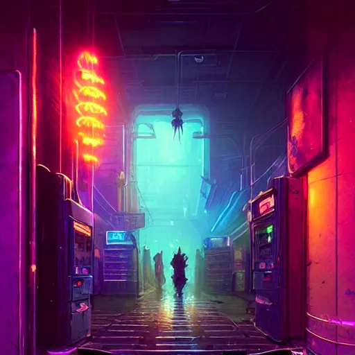 Prompt: a vending machine dimly neon lighting a dark alley, by greg rutkowski and gaston bussiere, dim purple and blue neon lighting, beautiful volumetric - lighting - style atmosphere, futuristic atmosphere, intricate, detailed, photorealistic imagery