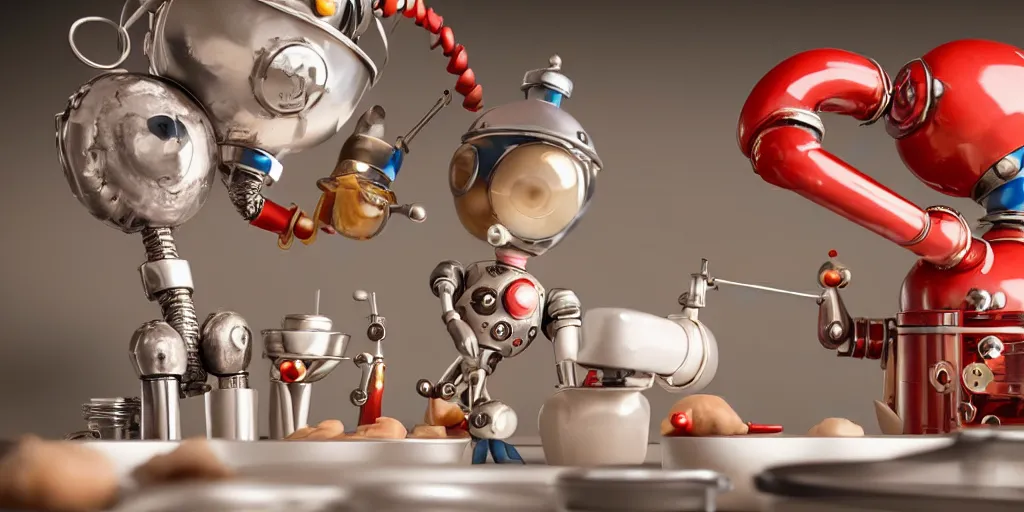 Image similar to closeup portrait of tin toy retro robot mad scientists cooking pastry in a kitchen, depth of field, zeiss lens, detailed, centered, fashion photoshoot, by nicoletta ceccoli, mark ryden, lostfish, breathtaking, 8 k resolution, extremely detailed, beautiful, establishing shot, artistic, hyperrealistic, octane render