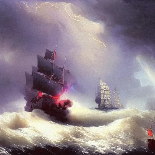 Prompt: Sinister pirate ships firing lasers at each other during an epic storm, painting by Ivan Aivazovsky