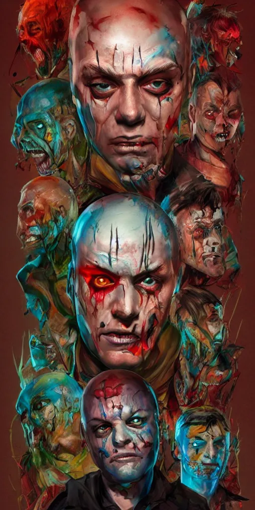 Image similar to Bright, colorful, realistic Serial killer rpg single individual headshot gore covered with scars and tattoos screaming, backlighting, kodachrome, high contrast, highly detailed, sharp focus, digital painting, concept art, illustration, trending on artstation, comic book by Alex Ross cover art