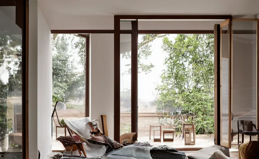 Image similar to interior design magazine photo of a big window with a wooden frame to sit on, great architecture, ambient light, ikea catalogue, 8k