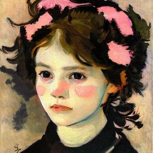 Image similar to Young girl, with flowers on her face, Valentin Serov style