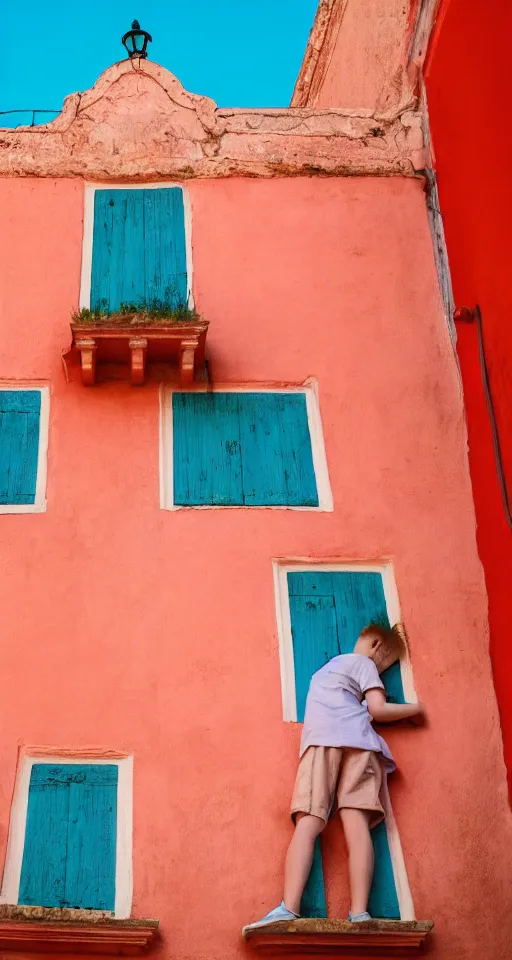 Prompt: blonde boy hanging out the window of pastel red ancient spanish architecture, teal sky behind the building, beautiful, minimalistic, aesthetic, two tone, photorealistic