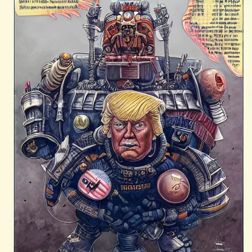 Image similar to A stunning and lovable portrait of Donald Trump as a Warhammer 40K character Moebius, by Mattias Adolfsson, by Mandy Jurgens