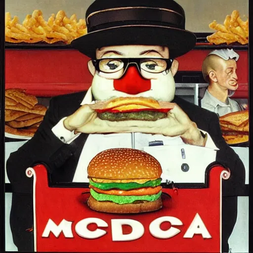 Image similar to pepe working at mcdonalds by norman rockwell