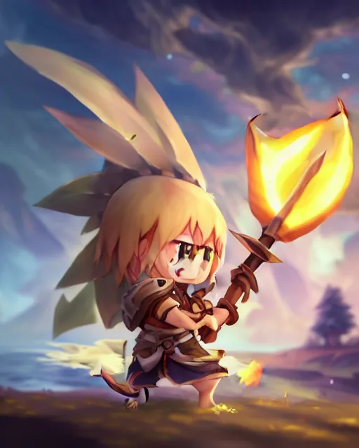 Image similar to oil painting of a cute chibi MapleStory warrior,, attacking, casting a spell with a spear, wearing a MapleStory warrior outfit, sharp focus, fantasy style, octane render, volumetric lighting, 8k high definition, by greg rutkowski, highly detailed, trending on artstation, magic the gathering artwork, Perion background from MapleStory, centered