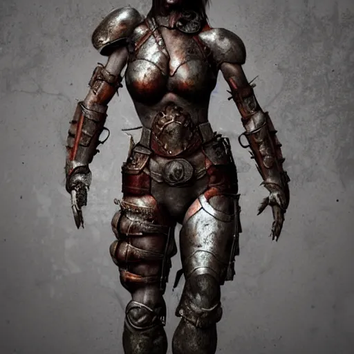 Prompt: muscular woman warrior wearing rusty medieval armor, covered in realistic armor, old rusty metal, digital art, octane render, trending on artstation