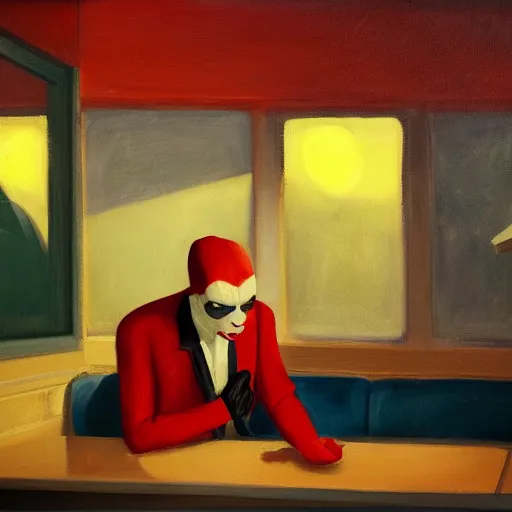 Image similar to a portrait of a vampire with a paper bag over his head, sitting in an 80s diner, painting in style of Edward Hopper, moody lighting, 4K,