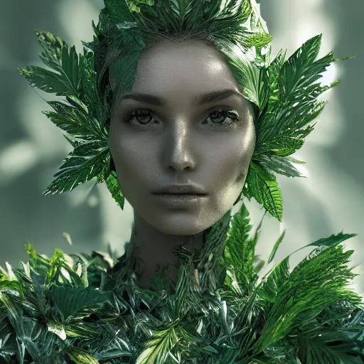 Image similar to a highly detailed digital image of a silver covered elegantly posed futuristic woman beautifully cocooned in green leafy foliage like leaves shot, full body shot, by Andrew Chiampo, artstation, and Frederik Heyman, extremely detailed woman, stunning volumetric lighting, hyper realism, fantasy 4k