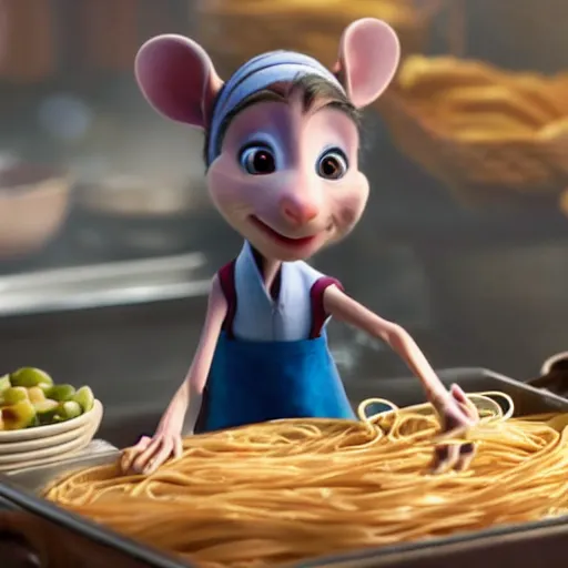 Image similar to remy from ratatouille making pasta, cinematic, dramatic, color grading, photojournalism, colorful, highly detailed