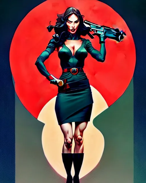 Image similar to artgerm, joshua middleton comic cover art, full body pretty megan fox holding a shotgun, red dress, symmetrical eyes, symmetrical face, long curly black hair, dark city background, cinematic lighting