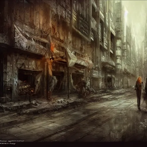 Prompt: street shooting in post apocalyptic city, by luis royo, retro fantasy, details, digital, artstation