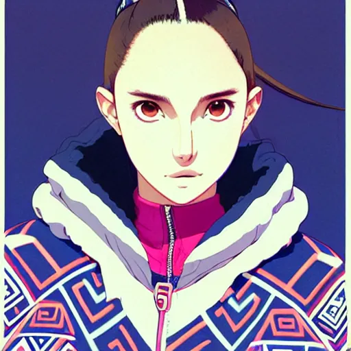 Image similar to a beautiful plus sized model japanese natalie portman, alluring, wearing oversized mayan bomber jacket and leotard with overalls, bulky poofy bomber jacket with mayan patterns, aztec street fashion, gapmoe yandere grimdark, trending on pixiv fanbox, painted by greg rutkowski makoto shinkai takashi takeuchi studio ghibli, akihiko yoshida
