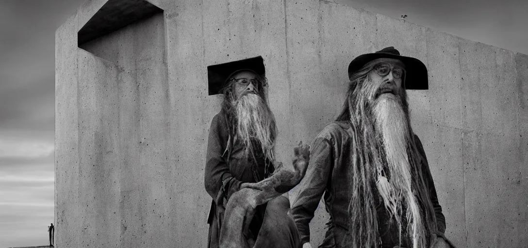 Prompt: the oldest hippy on earth, with a very long beard, standing atop a brutalist concrete building, cinematic shot, hyper realistic, hyper detailed