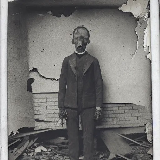 Prompt: a cabinet photo of a zombie lurking at a dark corner of a demolished building at night on the 1800s