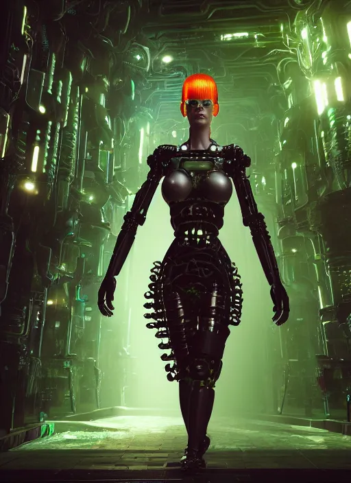 Image similar to 35mm portrait of 7 of 9 borg on the background of a weird magical mechanical forest. Round gears visible inside her hear. Very detailed 8k. Fantasy cyberpunk horror. Sharp. Unreal 5 render with nanite, global illumination and path tracing. Cinematic post-processing