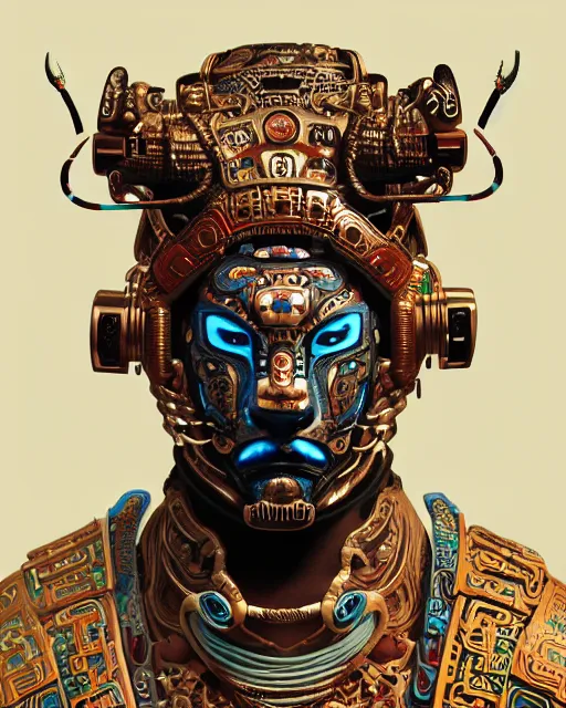 Prompt: portrait of a mayan masculine male cyberpunk jaguar warrior, machine face, upper half portrait, decorated with chinese opera motifs, muscular, asian, fine china, wuxia, traditional chinese art, intricate intense elegant, highly detailed symmetry headpiece digital painting artstation concept art smooth sharp focus illustration, art by artgerm and greg rutkowski alphonse mucha 8 k