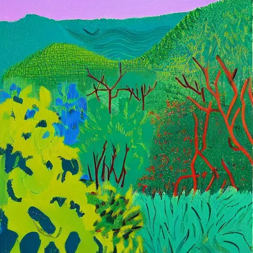 Prompt: rough acrylic painting of a lush natural scene on an alien planet by david hockney. beautiful landscape. weird vegetation. cliffs and water.