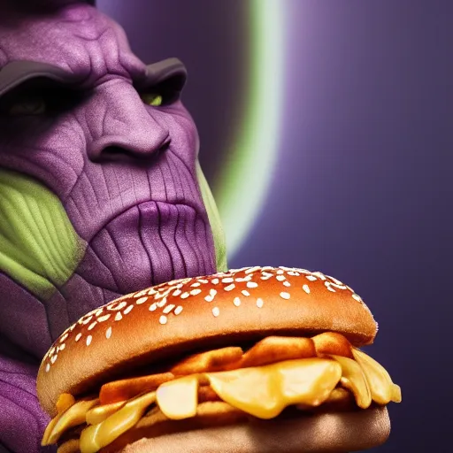 Prompt: Thanos eating a Big Mac, close up, f/22, 35mm, backlit