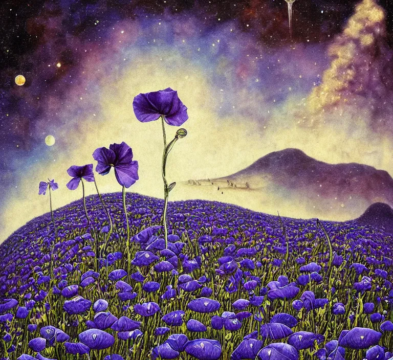 Image similar to detailed, intricate blue black and purple papaverum flower on the field, nebula, galaxy in the sky, winning award masterpiece, fantastically beautiful, illustration, aestheticly inspired, jacek yerka, upscale with anguissola sofonisba work, artstation, 8 k