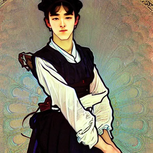 Prompt: full body painting of grumpy handsome thin beautiful young man in his 2 0 s named min - jun in a modest french female maid outfit, modern clothing, elegant, clear, painting, stylized, sharp facial features, pouty, highly detailed, art, art by alphonse mucha