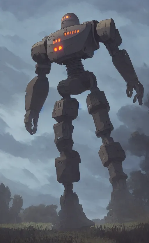 Image similar to iron giant standing near his farm, dynamic lighting, photorealistic fantasy concept art, trending on art station, stunning visuals, creative, cinematic, ultra detailed