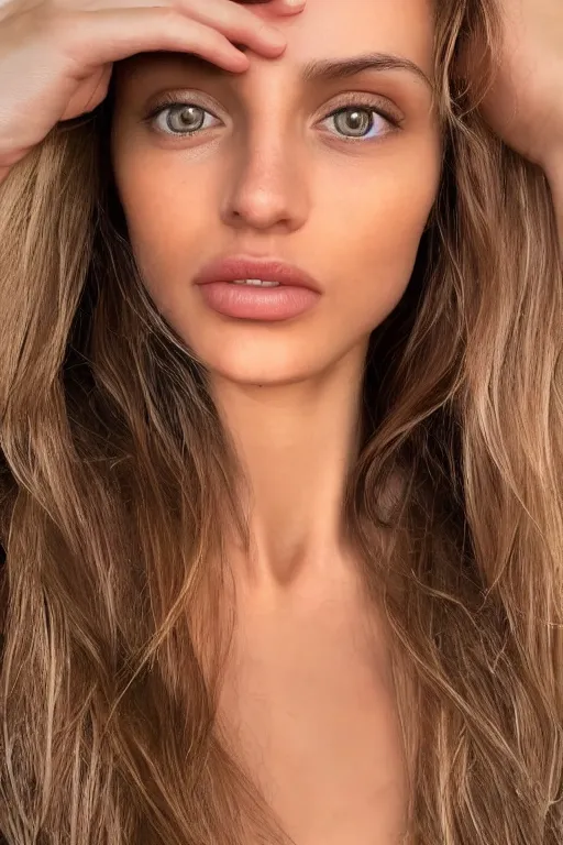 Prompt: 2 4 year old olive skinned female model, wearing v - neck top, zoomed in, photo realistic, extreme detail skin, natural beauty, no filter, slr, golden hour, 4 k, high definition, selfie