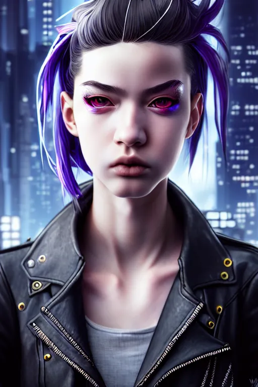 Prompt: hyperdetailed very close portrait of a european sixteen years old woman with grey eyes in a leather suit with a pin in a cyberpunk city inspired by ross tran and wlop and masamune shirow and kuvshinov, concept art, intricate, photorealistic, octane render, rtx, hdr, unreal engine, dnd digital art by artgerm