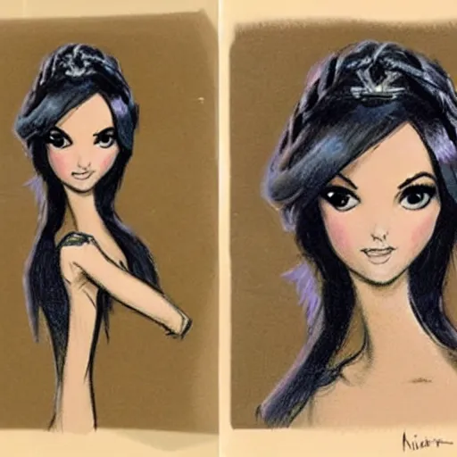 Image similar to milt kahl sketch of victoria justice with done up hair, tendrils covering face and ponytail as princess padme from star wars episode 3