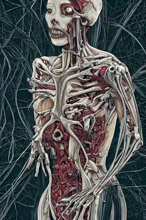 Prompt: a girl in a closed helmet-skull in a alive biopunk dress consisting of swollen muscles, tendons, bones joints, protruding pistons. masterpiece 4k digital design by Takato Yamamoto, award winning, Artstation, Takato Yamamoto aesthetic, Neo-Gothic, gothic, forest on background, intricate details, realistic, hyperdetailed, 8k resolution