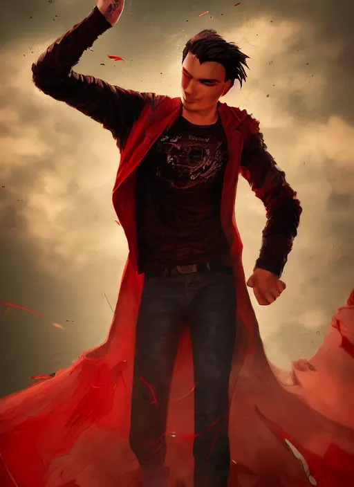 Image similar to An epic fantasy comic book style portrait painting of a young man with black and red cowlick undercut haircut, wearing a red shirt, black overcoat, blue jeans. Unreal 5, DAZ, hyperrealistic, octane render, cosplay, RPG portrait, dynamic lighting