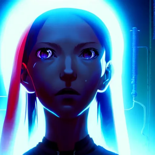 Image similar to cyberpunk movie still from the animatrix in the style of arcane : : small female android cyborg - angel, glowing red left eye and glowing blue right eye : : cinematic lighting, advanced digital cyberpunk art : : wlop, rossdraws sakimimichan, ilya kuvshinov, krenz cushart, greg rutkowski