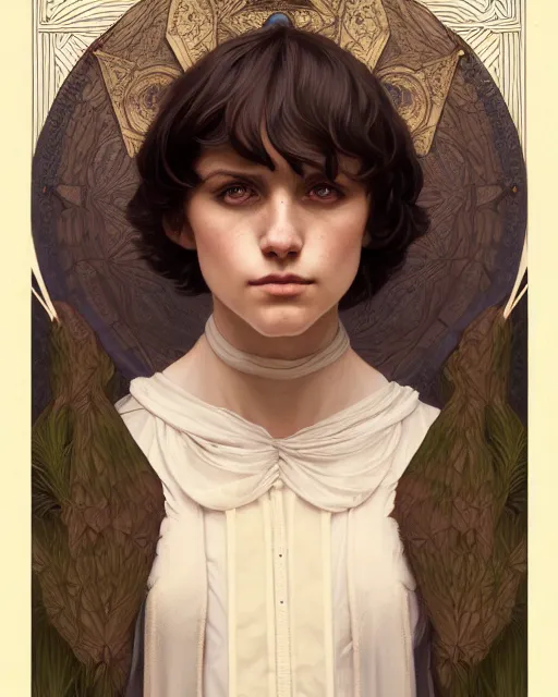 Prompt: symmetry portrait of welsh brunette witch student in mans tunic, tomboy, short hair, forest, intricate, elegant, highly detailed, digital painting, artstation, concept art, smooth, sharp focus, illustration, art by artgerm and greg rutkowski and fra angelico and alphons mucha