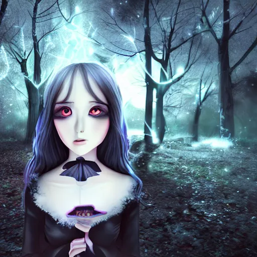 Prompt: focus portrait of beautiful darkness witch 3D anime girl, dark forest background, snowing, bokeh, inspired by Tim Burton, digital painting, unreal engine render, volumetric light, high détail