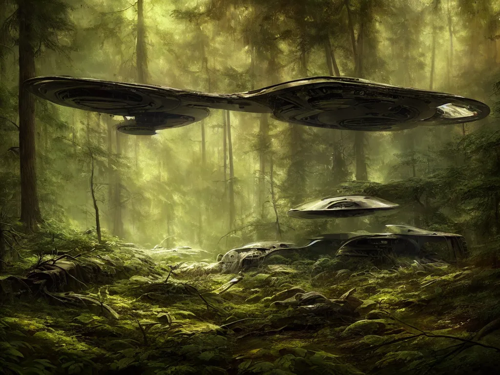 Prompt: remnant of an old crashed alien spaceship in a forest by brian despain, daniel ridgway knight, atey ghailan, jeremy mann, artstation, volumetric light, high detail, perfect, concept art, 8 k, realistic