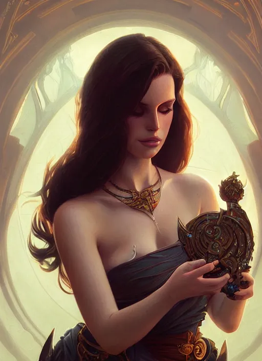 Image similar to beautiful humanoid android, lana del rey, d & d, fantasy, intricate, elegant, highly detailed, digital painting, artstation, concept art, matte, sharp focus, illustration, hearthstone, art by artgerm and greg rutkowski and alphonse mucha