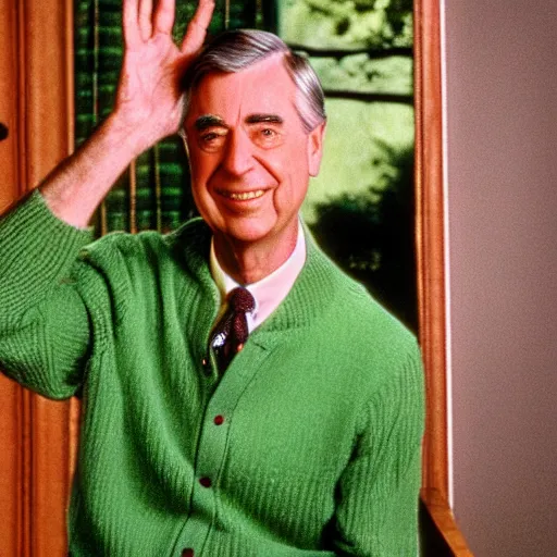 Prompt: mr. rogers with alligator heads instead of hands.