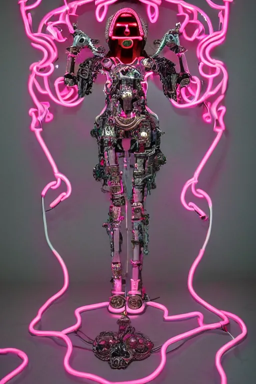 Prompt: full-body baroque and bladerunner style pink neon and ceramic statue of a beautiful pale priestess robot goddess humanoid wearing a torn kimono, glowing peach face, street hoody of red steampunk lasers, emeralds, swirling silver silk fabric. futuristic elements. oozing glowing liquid, full-length view. space robots. human skulls. throne made of bones, intricate artwork by caravaggio. Trending on artstation, octane render, cinematic lighting from the right, hyper realism, octane render, 8k, depth of field, 3D