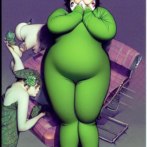 Image similar to fat pigeon in a green body suit, by Range Murata and Mucha
