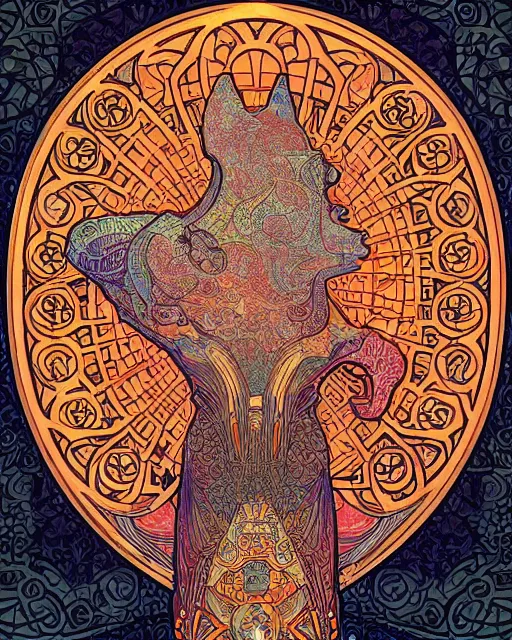 Image similar to fox carving art, cell shading, voronoi,fibonacci sequence, sacred geometry by Alphonse Mucha, Moebius, hiroshi yoshida, Art Nouveau, colorful, ultradetailed, 3d