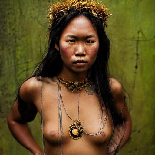 Image similar to A perfect pacific islander female goddess stands for a waist up portrait with her body sightly wrapped in thin gold wire creatively arranged so as to look like Borneo tattoos, in an abandoned barn, hyper photo realistic 8K HD HDRI, photo by Annie Leibovitz.